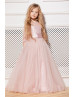 Blush Pink Lace Tulle Corset Back Long Flower Girl Dress